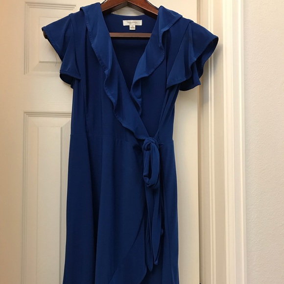 blue dress dress barn Blue Border Print Fit and Flare Knee Length Dress Blue / XL